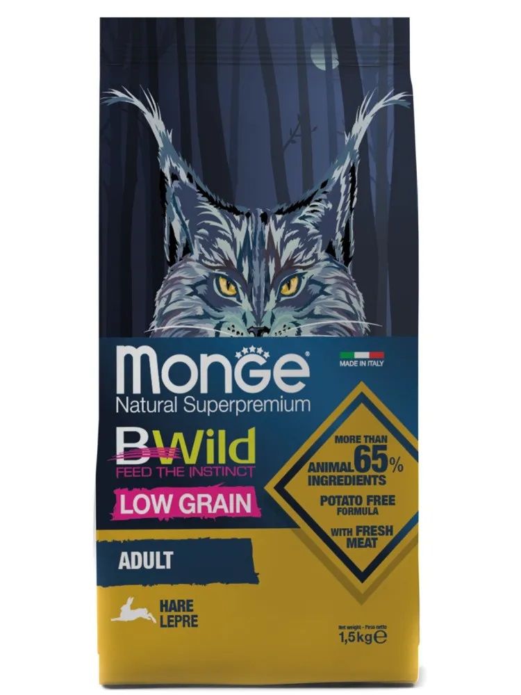 Корм Monge для взрослых кошек, низкозерновой, из мяса зайца, BWild