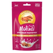 Лакомство Molina для кошек Хрустящие подушечки с начинкой из лосося и краба, Healthy Skin & Shiny Coat, 60 г