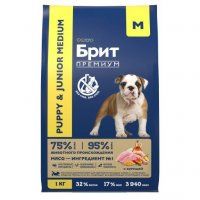 Корм Брит ПРЕМИУМ Dog Puppy and Junior Medium для щенков и молодых собак средних пород, Курица, 1 кг