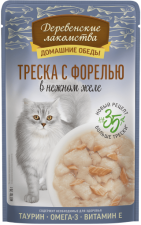 Пауч Деревенские лакомства для кошек Треска с форелью в нежном желе, Домашние обеды, 70 г