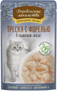 Пауч Деревенские лакомства для кошек Треска с форелью в нежном желе, Домашние обеды, 70 г