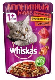 Пауч Whiskas для взрослых кошек, Аппетитный микс томатное желе, домашняя птица, говядина, 85 г