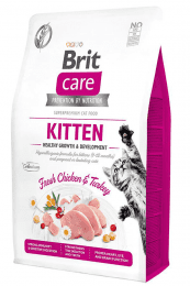 Корм Brit для котят, беременных и кормящих кошек, беззерновой, Care Cat GF Kitten Healthy Growth & Development, курица и индейка, 2 кг