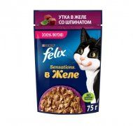 Пауч Felix для взрослых кошек, с уткой в желе со шпинатом, Sensation, 75 г