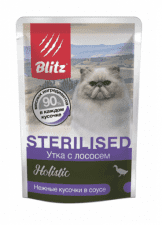 Пауч Blitz, для стерилизованных кошек, кусочки в соусе, утка с лососем, Shrimp, 85 г