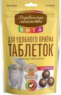 Лакомство Деревенские лакомства Вита, Угощение для удобного приёма таблеток для кошек, говядина, 40 г