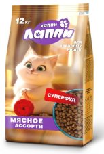 Корм Хаппи Лаппи для взрослых кошек мясное ассорти, 12 кг