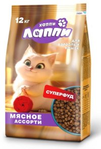Корм Хаппи Лаппи для взрослых кошек мясное ассорти, 12 кг
