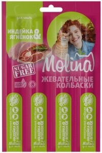 Лакомство Molina Жевательные колбаски для кошек из индейки и ягненка, 4 шт