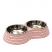 Миска Пижон для животных, металлическая на пластиковом основании, двойная, розовая