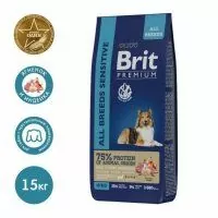 Корм Brit Premium Dog Sensitive для взрослых собак всех пород с чувствительным пищеварением, Ягненок и индейка, 15 кг