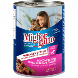 Консервы Miglior gatto для кошек с рубцом, ягненком и морковью, 405 г