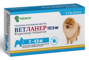 Препарат Ветланер Инсектоакарицид для собак, 2-4,5 кг, 112,5 мг, 1 табл