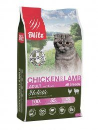 Корм Blitz низкозерновой для взрослых кошек, со вкусом курицы и ягнёнка, 1,5 кг