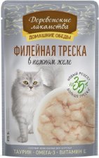 Пауч Деревенские лакомства для кошек Филейная треска в нежном желе, Домашние обеды, 70 г