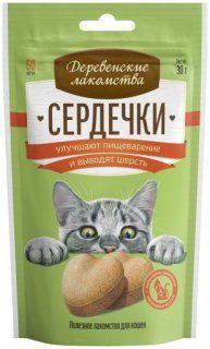 Деревенские лакомства для кошек, сердечки для пищеварения и вывода шерсти, 30 г