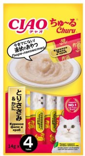 Лакомство-пюре INABA для кошек, куриное филе и краб, ЧАО ЧУРУ, 56 г