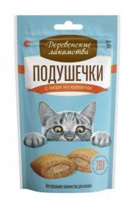 Деревенские лакомства для кошек, подушечки с пюре из креветок, 30 г