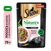 Пауч Sheba, для взрослых кошек, с лососем в соусе с цельным горошком, Nature's Collection, 75 г