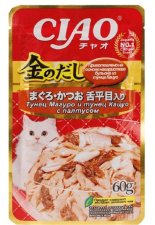 Пауч INABA для кошек, тунец Магуро,тунец Кацуо с палтусом, ЧАО КИННОДАШИ, 60 г