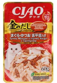 Пауч INABA для кошек, тунец Магуро,тунец Кацуо с палтусом, ЧАО КИННОДАШИ, 60 г