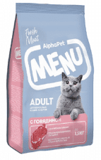 Корм AlphaPet, для взрослых кошек, с говядиной, Menu, 1,5 кг