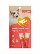 Крем-лакомство Мнямс 1+1=3 для кошек с тунцом Кацуо и креветками, 4 шт по 15 г