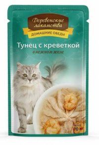 Пауч Деревенские лакомства для кошек, тунец с креветкой в нежном желе, 70 г