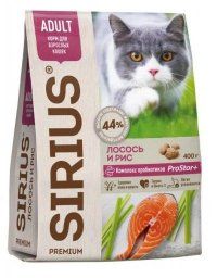 Корм SIRIUS для взрослых кошек, с лососеми рисом, 400 г