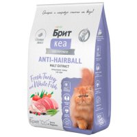 Корм Брит Кеа, для взрослых кошек, с индейкой и белой рыбой, ANTI-HAIRBALL, 7 кг