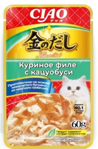 Пауч INABA Доп рацион для кошек, Куриное филе с кацуобуси, ЧАО КИННОДАШИ, 60 г