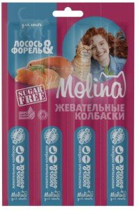 Лакомство Molina Жевательные колбаски для кошек из лосося и форели, 4 шт