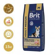 Корм Brit Premium Dog Adult Medium для взрослых собак средних пород, с курицей, 15 кг
