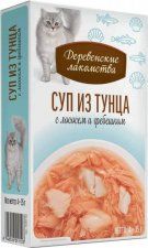 Паучи Деревенские лакомства для кошек, Суп из тунца с лососем и гребешком, 4 шт, 140 г