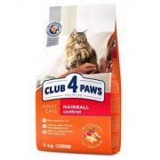Корм Club 4 Paws для взрослых кошек, для выведения шерсти, премиум-класса, 5 кг
