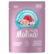 Пауч Molina для котят и кошек. Тунец с морским окунем в соусе, 70г