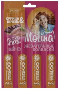 Лакомство Molina Жевательные колбаски для кошек из курицы и печени, 4 шт