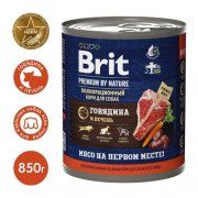 Консерва Brit, для взрослых собак всех пород, с говядиной и печенью, Premium by Nature, 850 гр