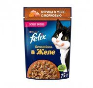 Пауч Felix для взрослых кошек, с курицей в желе с морковью, Sensation, 75 г