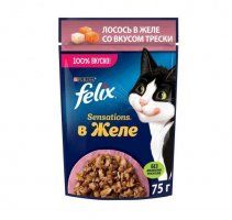 Пауч Felix для взрослых кошек, с лососем в желе со вкусом трески, Sensations, 75 г
