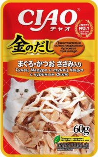 Пауч INABA для кошек, тунец Магуро и Кацуо с куриным филе, ЧАО КИННОДАШИ, 60 г