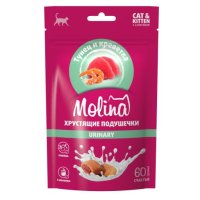Лакомство Molina для кошек и котят "Хрустящие подушечки с начинкой из тунца и креветок", Urinary, 60г