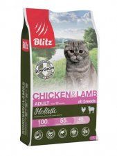 Корм Blitz низкозерновой для взрослых кошек, со вкусом курицы и ягнёнка, 1,5 кг