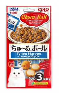 Лакомство-топпинг INABA для кошек, тунец Магуро с кацуобуси, CIAO ЧУРУ БОЛ, 30 г