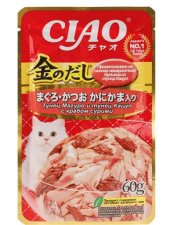 Пауч INABA для кошек, тунец Магуро,тунец Кацуо с крабовой палочкой, ЧАО КИННОДАШИ, 60 г