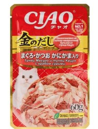 Пауч INABA для кошек, тунец Магуро,тунец Кацуо с крабовой палочкой, ЧАО КИННОДАШИ, 60 г