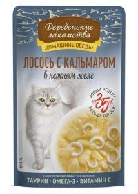 Пауч Деревенские лакомства для кошек, лосось с кальмаром в нежном желе, 70 г
