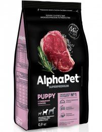 Корм AlphaPet, для щенков, беременных и кормящих собак средних пород, с говядиной и рисом, Superpremium, 900 г