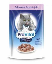 PreVital Premium line (Лосось, креветки в желе). Консервированный корм для взрослых кошек, комплект 24х100 г