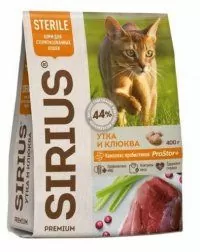Корм SIRIUS для стерилизованных кошек, с уткой и клюквой, 400 г